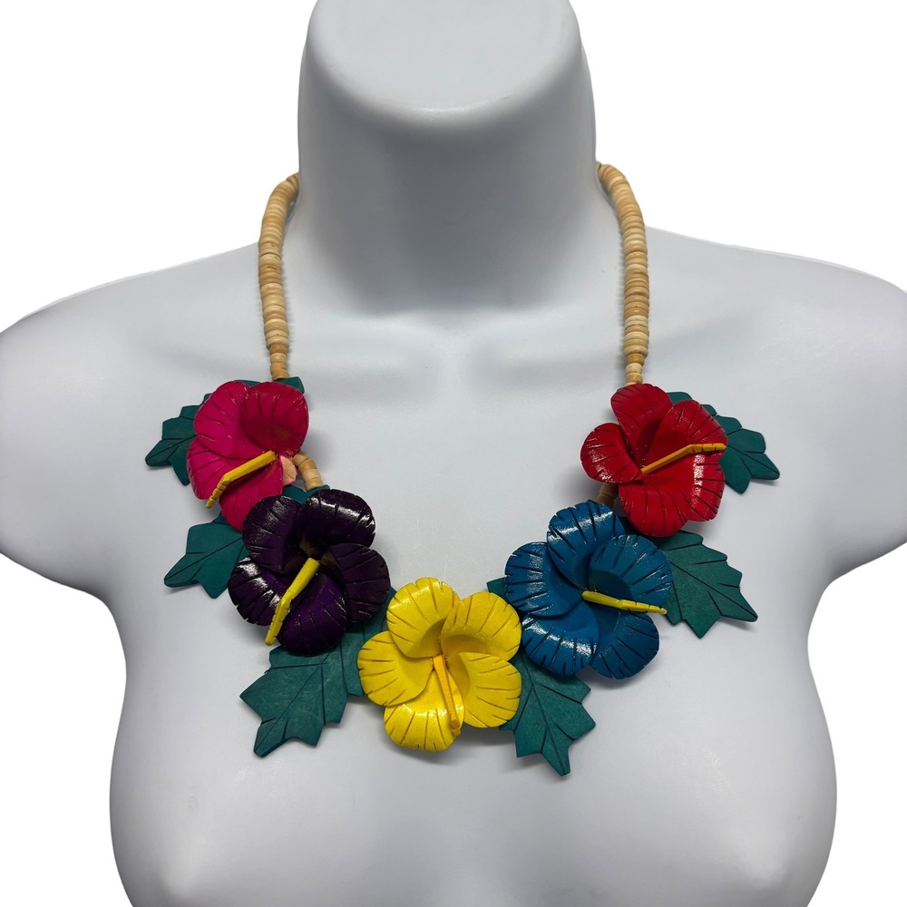 Vintage Tropical Hand Carved Wood Hibiscus Flower Statement Bib Necklace Multi